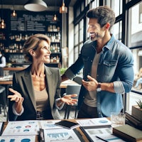 two business people talking at a table in a restaurant